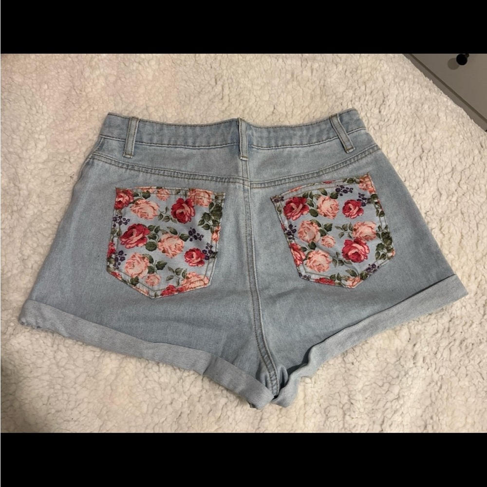 SHEIN Blue and Red Jean Shorts with Floral Accents